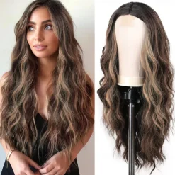 Long Brown Mixed Blonde Wavy Wig for Women 24 Inch Middle Part Curly Wavy Wig Natural Looking Synthetic Heat Resistant Fiber Wig for Daily Party Use Halloween Wigs
