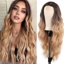 Long Brown Mixed Blonde Wavy Wig for Women 24 Inch Middle Part Curly Wavy Wig Natural Looking Synthetic Heat Resistant Fiber Wig for Daily Party Use Halloween Wigs