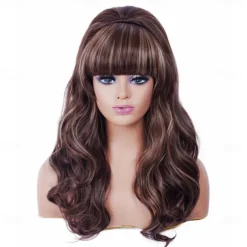Long Brown Mixed Wig with Bang Retro Bouffant Beehive Wigs fits 80s Costume or Carnival Party Halloween Wigs