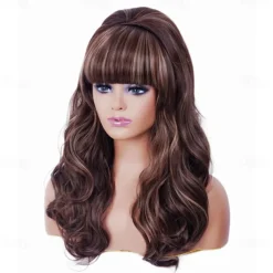 Long Brown Mixed Wig with Bang Retro Bouffant Beehive Wigs fits 80s Costume or Carnival Party Halloween Wigs