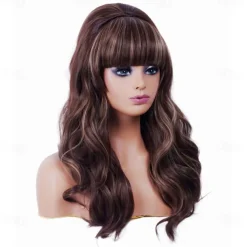 Long Brown Mixed Wig with Bang Retro Bouffant Beehive Wigs fits 80s Costume or Carnival Party Halloween Wigs