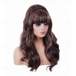 Long Brown Mixed Wig with Bang Retro Bouffant Beehive Wigs fits 80s Costume or Carnival Party Halloween Wigs