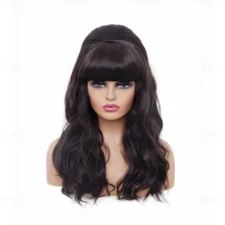 Long Brown Mixed Wig with Bang Retro Bouffant Beehive Wigs fits 80s Costume or Carnival Party Halloween Wigs