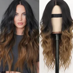 Long Brown Wavy Wig with Highlights Middle Part Curly Wigs Lace Hairline Wigs for Women Ombre Brown Synthetic Heat Resistant Wigs for Daily Part Use