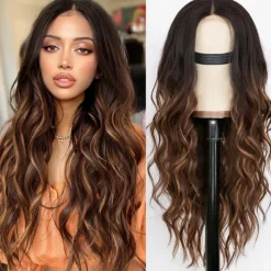 Long Brown Wavy Wig with Highlights Middle Part Curly Wigs Lace Hairline Wigs for Women Ombre Brown Synthetic Heat Resistant Wigs for Daily Part Use