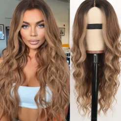 Long Brown Wavy Wig with Highlights Middle Part Curly Wigs Lace Hairline Wigs for Women Ombre Brown Synthetic Heat Resistant Wigs for Daily Part Use