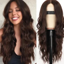 Long Brown Wavy Wig with Highlights Middle Part Curly Wigs Lace Hairline Wigs for Women Ombre Brown Synthetic Heat Resistant Wigs for Daily Part Use