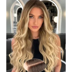 Long Brown Wavy Wig with Highlights Middle Part Curly Wigs Lace Hairline Wigs for Women Ombre Brown Synthetic Heat Resistant Wigs for Daily Part Use