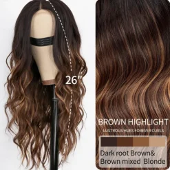 Long Brown Wavy Wig with Highlights Middle Part Curly Wigs Lace Hairline Wigs for Women Ombre Brown Synthetic Heat Resistant Wigs for Daily Part Use