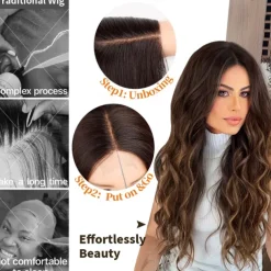 Long Brown Wavy Wig with Highlights Middle Part Curly Wigs Lace Hairline Wigs for Women Ombre Brown Synthetic Heat Resistant Wigs for Daily Part Use