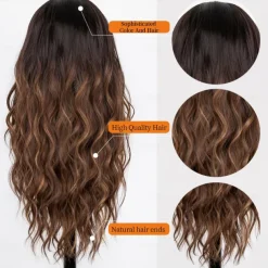 Long Brown Wavy Wig with Highlights Middle Part Curly Wigs Lace Hairline Wigs for Women Ombre Brown Synthetic Heat Resistant Wigs for Daily Part Use