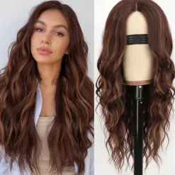 Long Brown Wavy Wig with Highlights Middle Part Curly Wigs Lace Hairline Wigs for Women Ombre Brown Synthetic Heat Resistant Wigs for Daily Part Use