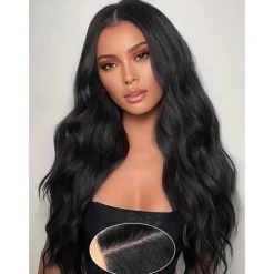 Long Brown Wavy Wig with Highlights Middle Part Curly Wigs Lace Hairline Wigs for Women Ombre Brown Synthetic Heat Resistant Wigs for Daily Part Use
