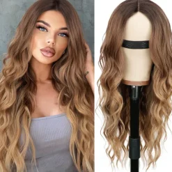 Long Brown Wavy Wig with Highlights Middle Part Curly Wigs Lace Hairline Wigs for Women Ombre Brown Synthetic Heat Resistant Wigs for Daily Part Use