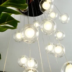 Long Chandeliers for High Ceilings,Modern Crystal Balls Pendant Light,Globe Raindrop Drop Lamp,Hanging Flush Mount Lighting Fixtures for Spiral Staircase,Foyer,Entrywa