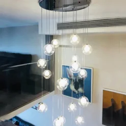 Long Chandeliers for High Ceilings,Modern Crystal Balls Pendant Light,Globe Raindrop Drop Lamp,Hanging Flush Mount Lighting Fixtures for Spiral Staircase,Foyer,Entrywa
