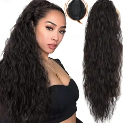 Long Corn Wave Ponytail Hair Extensions Drawstring Medium Brown Curly Pony tail Hair Pieces for Women Natural Clip in Ponytail HairPieces Synthetic (30inch)