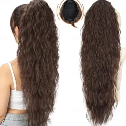 Long Corn Wave Ponytail Hair Extensions Drawstring Medium Brown Curly Pony tail Hair Pieces for Women Natural Clip in Ponytail HairPieces Synthetic (30inch)