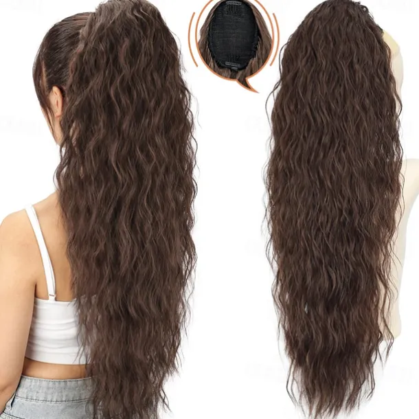 Long Corn Wave Ponytail Hair Extensions Drawstring Medium Brown Curly Pony tail Hair Pieces for Women Natural Clip in Ponytail HairPieces Synthetic (30inch)