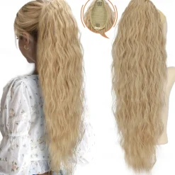 Long Corn Wave Ponytail Hair Extensions Drawstring Medium Brown Curly Pony tail Hair Pieces for Women Natural Clip in Ponytail HairPieces Synthetic (30inch)