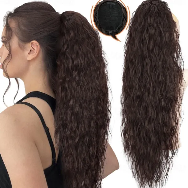 Long Corn Wave Ponytail Hair Extensions Drawstring Medium Brown Curly Pony tail Hair Pieces for Women Natural Clip in Ponytail HairPieces Synthetic (30inch)