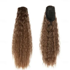 Long Corn Wave Ponytail Hair Extensions Drawstring Medium Brown Curly Pony tail Hair Pieces for Women Natural Clip in Ponytail HairPieces Synthetic (30inch)