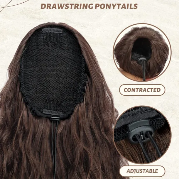 Long Corn Wave Ponytail Hair Extensions Drawstring Medium Brown Curly Pony tail Hair Pieces for Women Natural Clip in Ponytail HairPieces Synthetic (30inch)