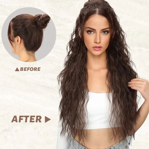 Long Corn Wave Ponytail Hair Extensions Drawstring Medium Brown Curly Pony tail Hair Pieces for Women Natural Clip in Ponytail HairPieces Synthetic (30inch)