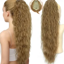 Long Corn Wave Ponytail Hair Extensions Drawstring Medium Brown Curly Pony tail Hair Pieces for Women Natural Clip in Ponytail HairPieces Synthetic (30inch)