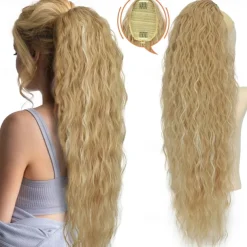 Long Corn Wave Ponytail Hair Extensions Drawstring Medium Brown Curly Pony tail Hair Pieces for Women Natural Clip in Ponytail HairPieces Synthetic (30inch)