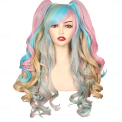 Long Curly Cosplay Wig with 2 Ponytails Wig Halloween Wigs