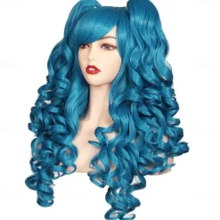 Long Curly Cosplay Wig with 2 Ponytails Wig Halloween Wigs