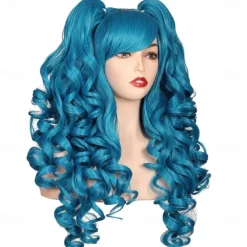 Long Curly Cosplay Wig with 2 Ponytails Wig Halloween Wigs