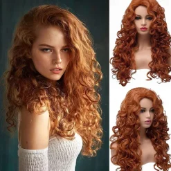 Long Fox Red Hair Curly Wavy Full Head Halloween Wigs for Women Cosplay Costume Party Hairpiece