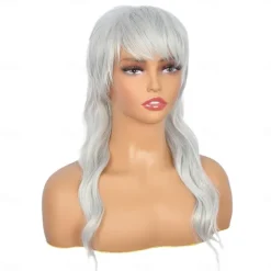 Long Grey Mullet Wig for Women with Bangs 90s 80s Wigs Natural Looking Synthetic Wig With Bangs for Women Wig Halloween Wigs