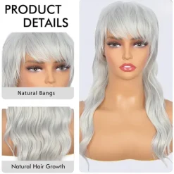 Long Grey Mullet Wig for Women with Bangs 90s 80s Wigs Natural Looking Synthetic Wig With Bangs for Women Wig Halloween Wigs