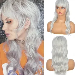 Long Grey Mullet Wig for Women with Bangs 90s 80s Wigs Natural Looking Synthetic Wig With Bangs for Women Wig Halloween Wigs
