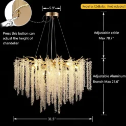 Long Hanging Rattan Crystal Chandelier 6 lamps 23.5 in/ 8 lamps 31.2 in G9 Modern Gold Chandelier Lighting Branches Restaurant Chandelier Hanging Lamps AC85-265V