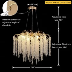 Long Hanging Rattan Crystal Chandelier 6 lamps 23.5 in/ 8 lamps 31.2 in G9 Modern Gold Chandelier Lighting Branches Restaurant Chandelier Hanging Lamps AC85-265V