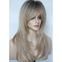 Long Layered Wigs Flattering Hairstyle Wigs Shiny Blonde Wigs with Deep Roots Wigs for Caucasian Women For Daily Party Christmas Party Wigs