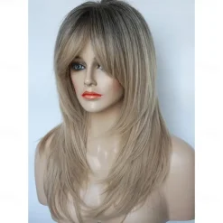 Long Layered Wigs Flattering Hairstyle Wigs Shiny Blonde Wigs with Deep Roots Wigs for Caucasian Women For Daily Party Christmas Party Wigs
