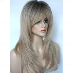 Long Layered Wigs Flattering Hairstyle Wigs Shiny Blonde Wigs with Deep Roots Wigs for Caucasian Women For Daily Party Christmas Party Wigs