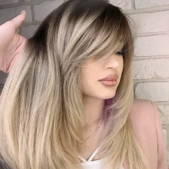 Long Layered Wigs Flattering Hairstyle Wigs Shiny Blonde Wigs with Deep Roots Wigs for Caucasian Women For Daily Party Christmas Party Wigs