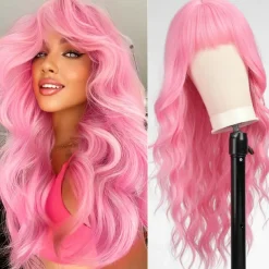Long Pink Wavy Wigs for Women Wig with Bangs Natural Curly Synthetic Wig for Party Cosplay Daily Use