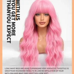 Long Pink Wavy Wigs for Women Wig with Bangs Natural Curly Synthetic Wig for Party Cosplay Daily Use