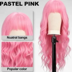 Long Pink Wavy Wigs for Women Wig with Bangs Natural Curly Synthetic Wig for Party Cosplay Daily Use