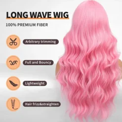 Long Pink Wavy Wigs for Women Wig with Bangs Natural Curly Synthetic Wig for Party Cosplay Daily Use