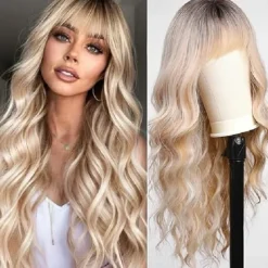 Long Pink Wavy Wigs for Women Wig with Bangs Natural Curly Synthetic Wig for Party Cosplay Daily Use