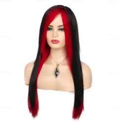Long Red Black Wig Silk Straight Hair Synthetic Heat Resistant Side Bangs Ladies Wig Halloween Wigs