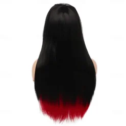 Long Red Black Wig Silk Straight Hair Synthetic Heat Resistant Side Bangs Ladies Wig Halloween Wigs